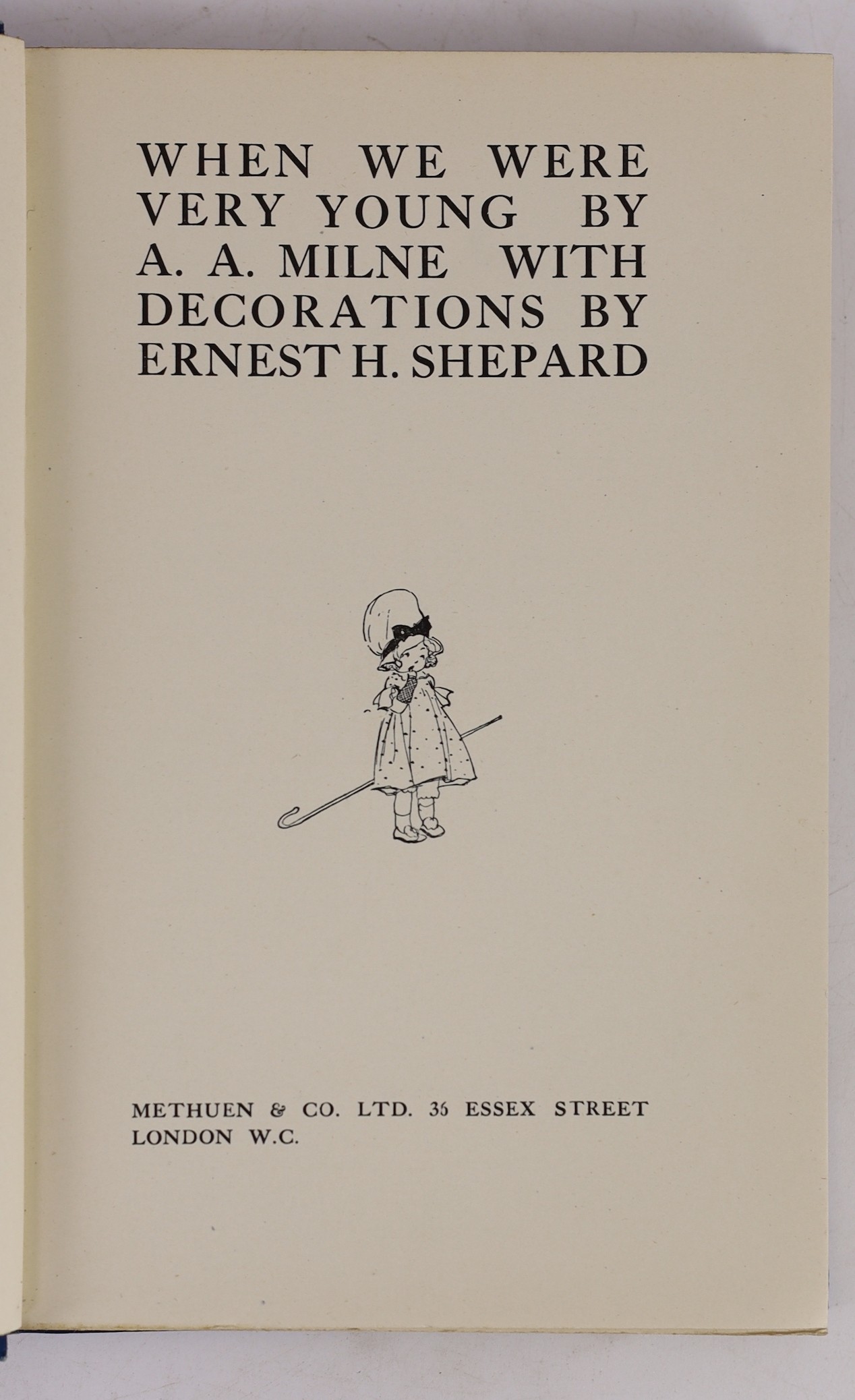 Milne, A.A - When We Were Very Young, 1st edition, 1st printing, second state with ix to foot of contents page, illustrated by Ernest Shepard, original blue pictorial cloth gilt stamped, with d/j, ownership inscription (